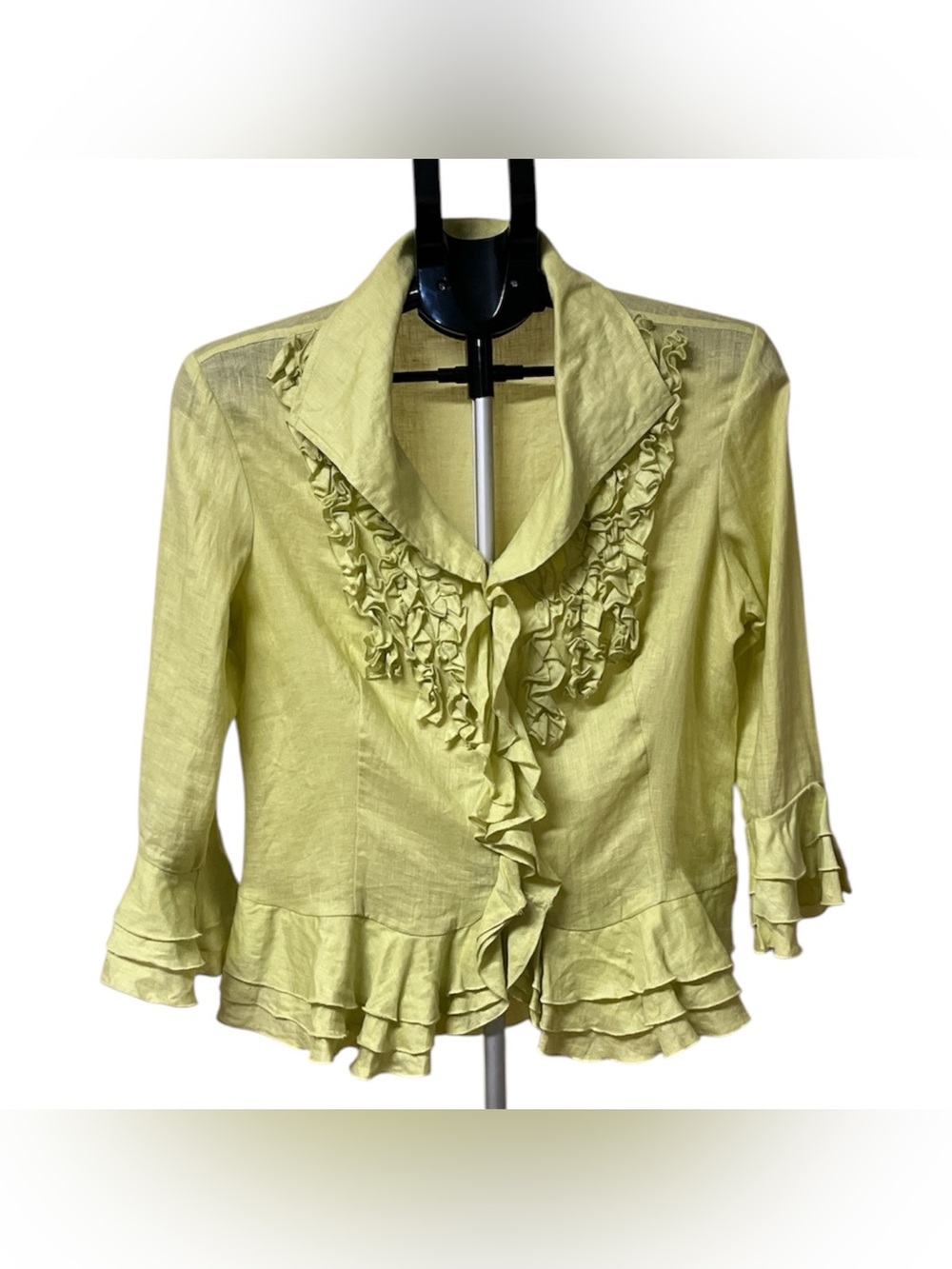 Vintage Samuel Dong Yellow/Lime Green Ruffled 100 % Linen Blouse